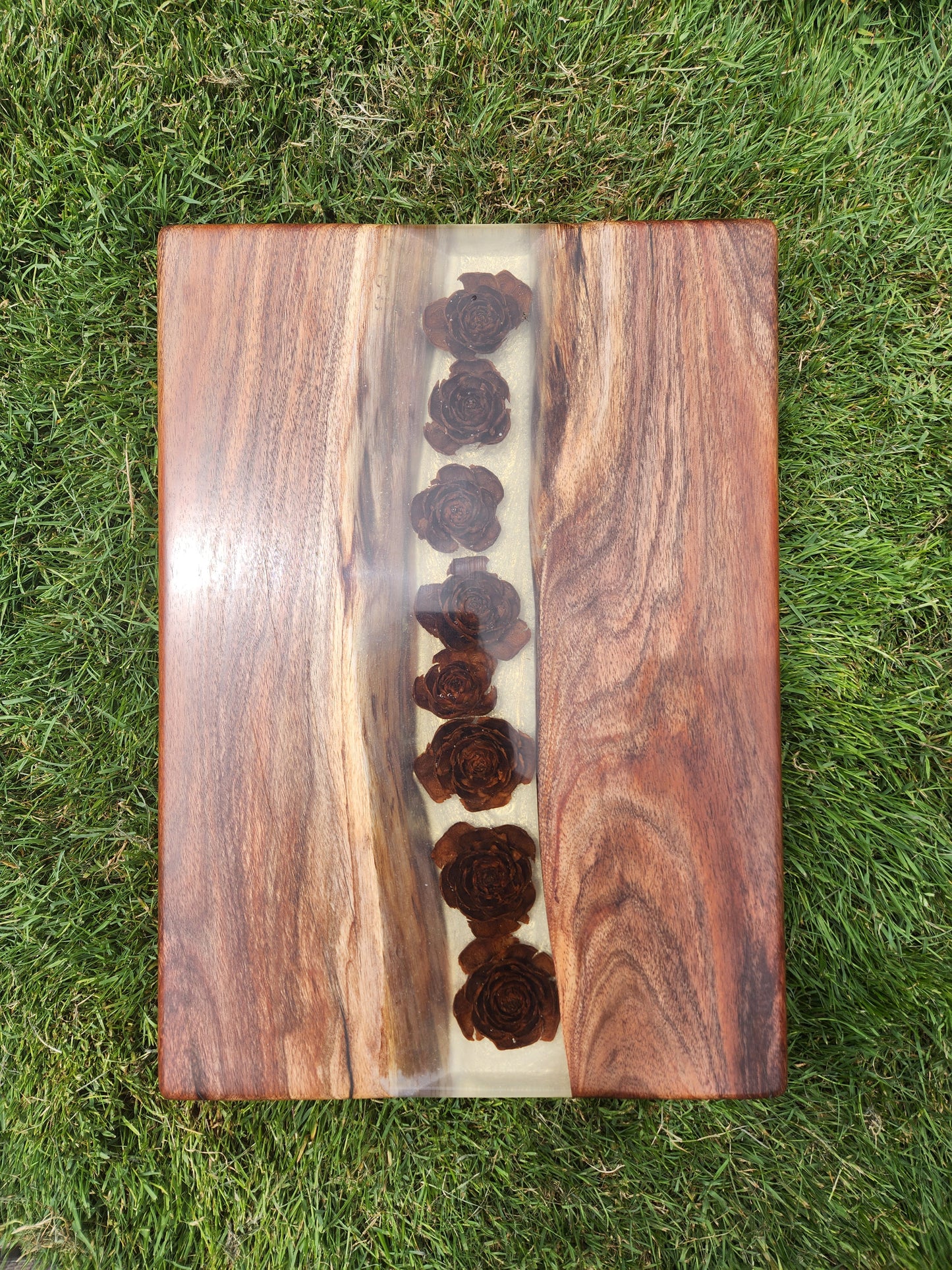 Blackwood Charcuterie Board with Cedar Cones and Resin